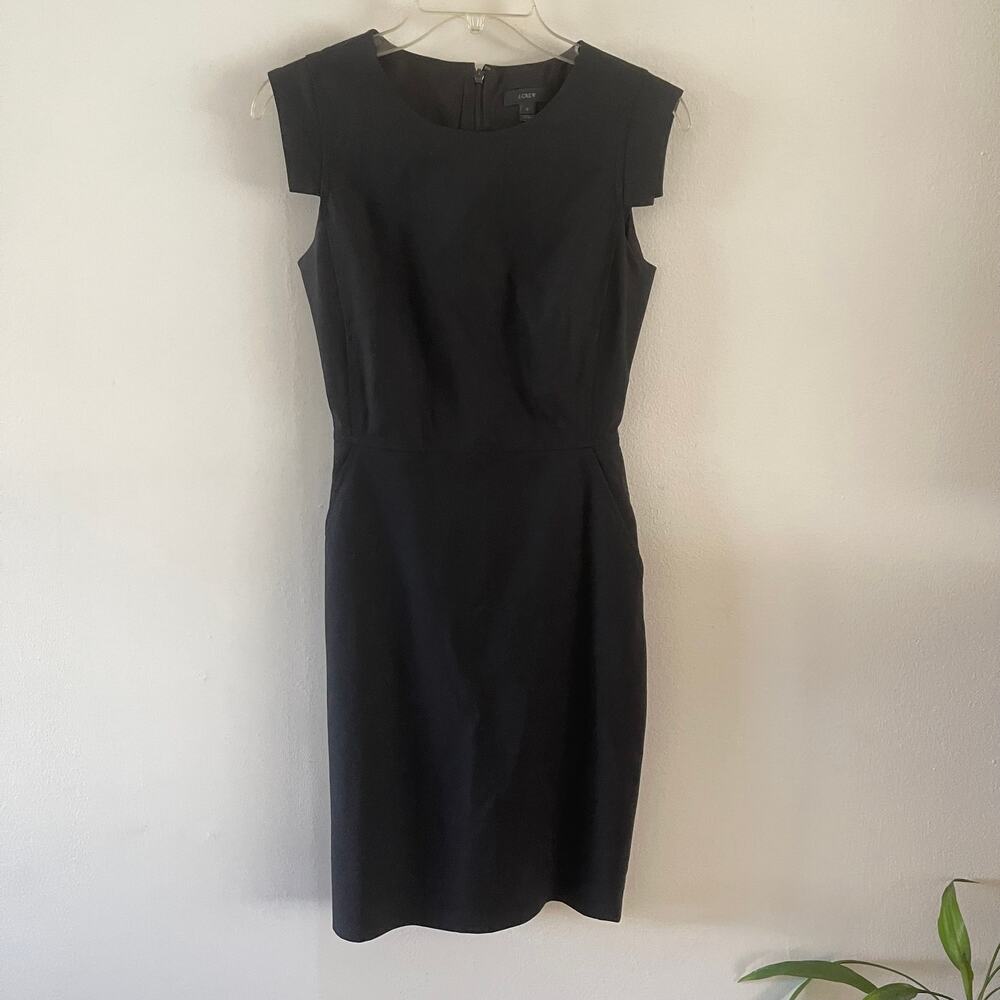 J. Crew Womens 0 Resume Dress Black Italian Wool Sheath Cap Sleeve Pockets C9102